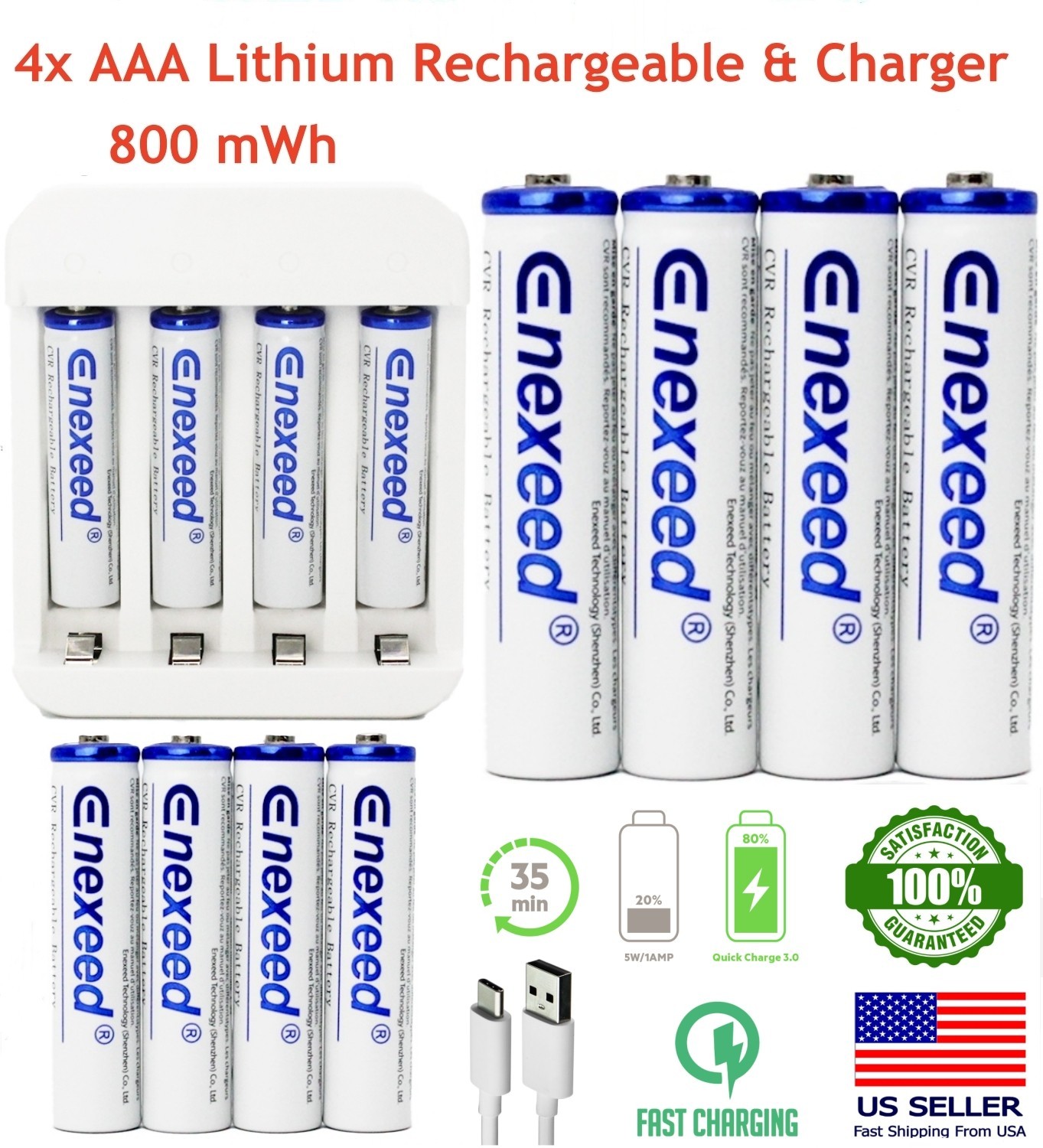 Rechargeable AAA Lithium Batteries 1.5V 800mWh Li-ion Battery Lot & USB Charger