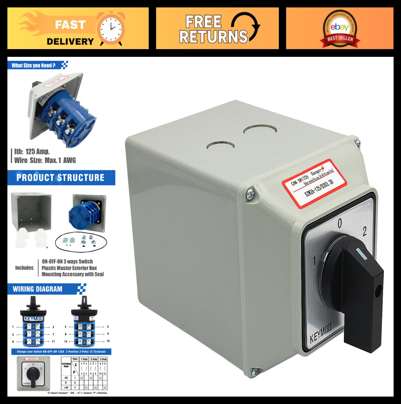 125A Rotary Changeover Switch, 3-Position 3 Phase, 660V, IP65 Enclosure, 12 Term
