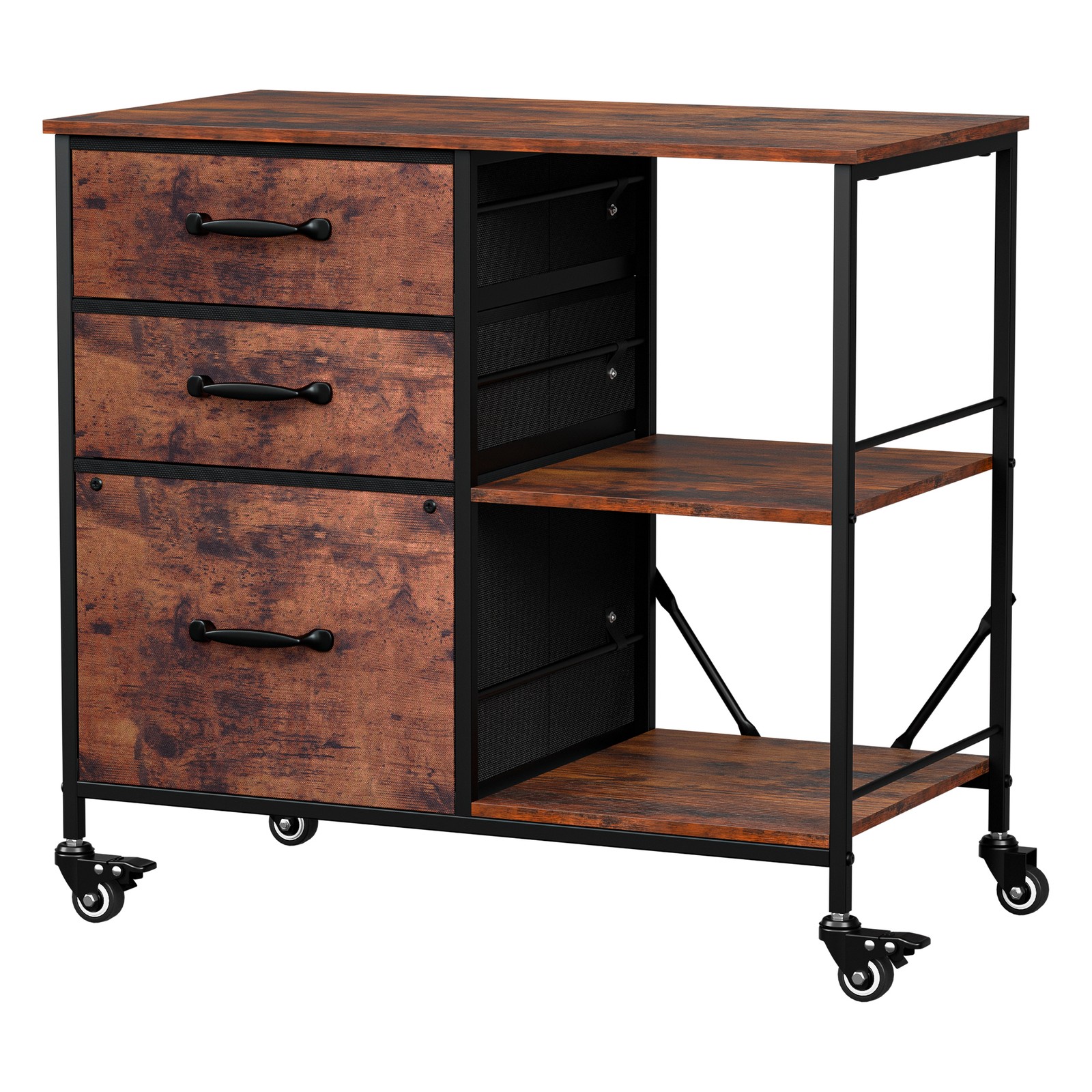 3 Drawer Mobile File Cabinet Rolling Printer Stand w/ Storage Shelf Rustic Brown