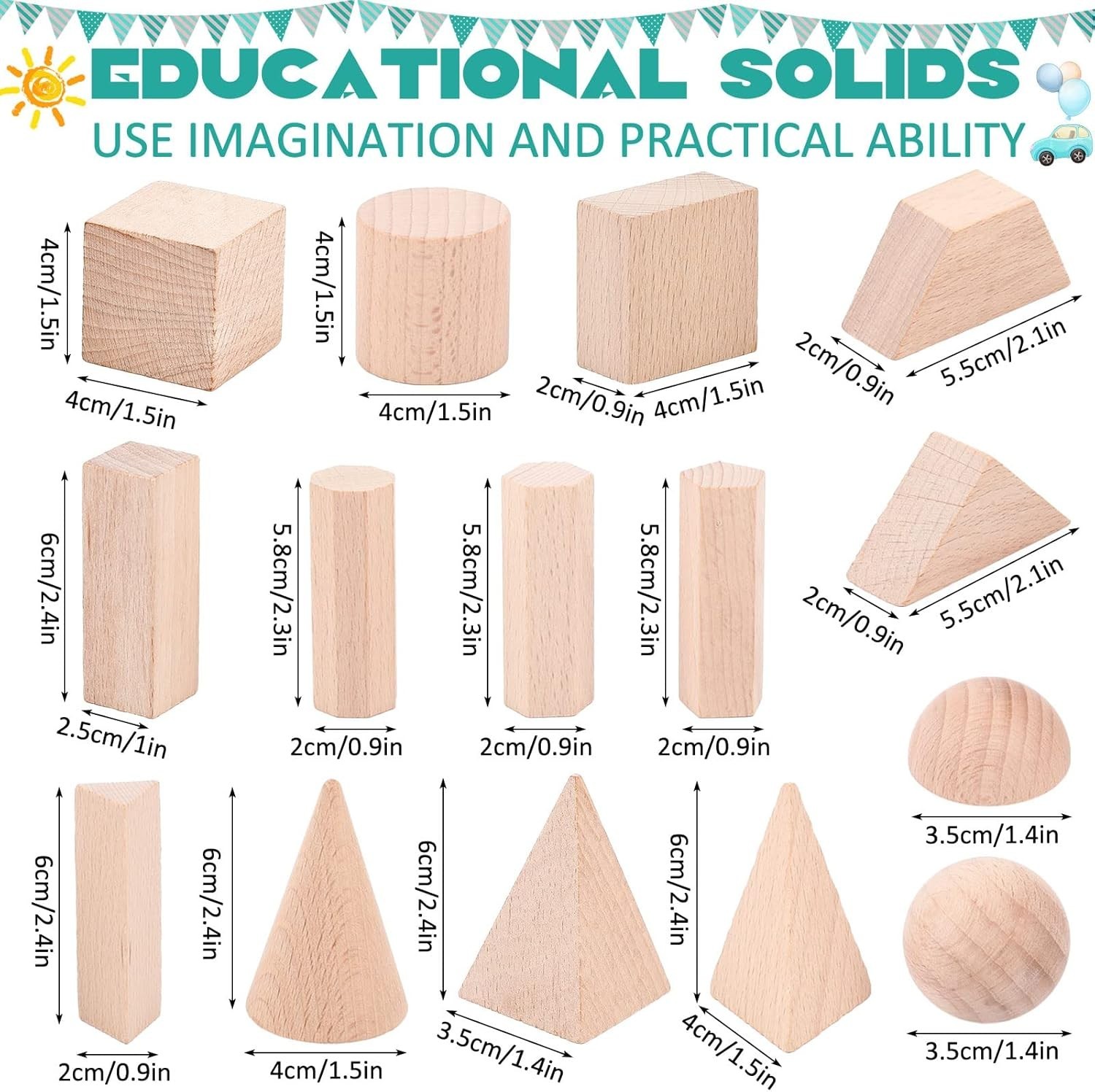 Bloques Geométricos 3D Madera 15 Pcs Montessori Educativo