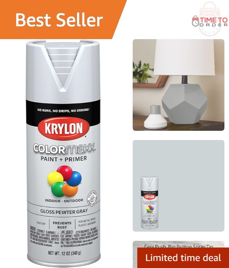 Spray Paint and Primer Acrylic 12oz Gloss Pewter Gray Indoor Outdoor Rust Res...