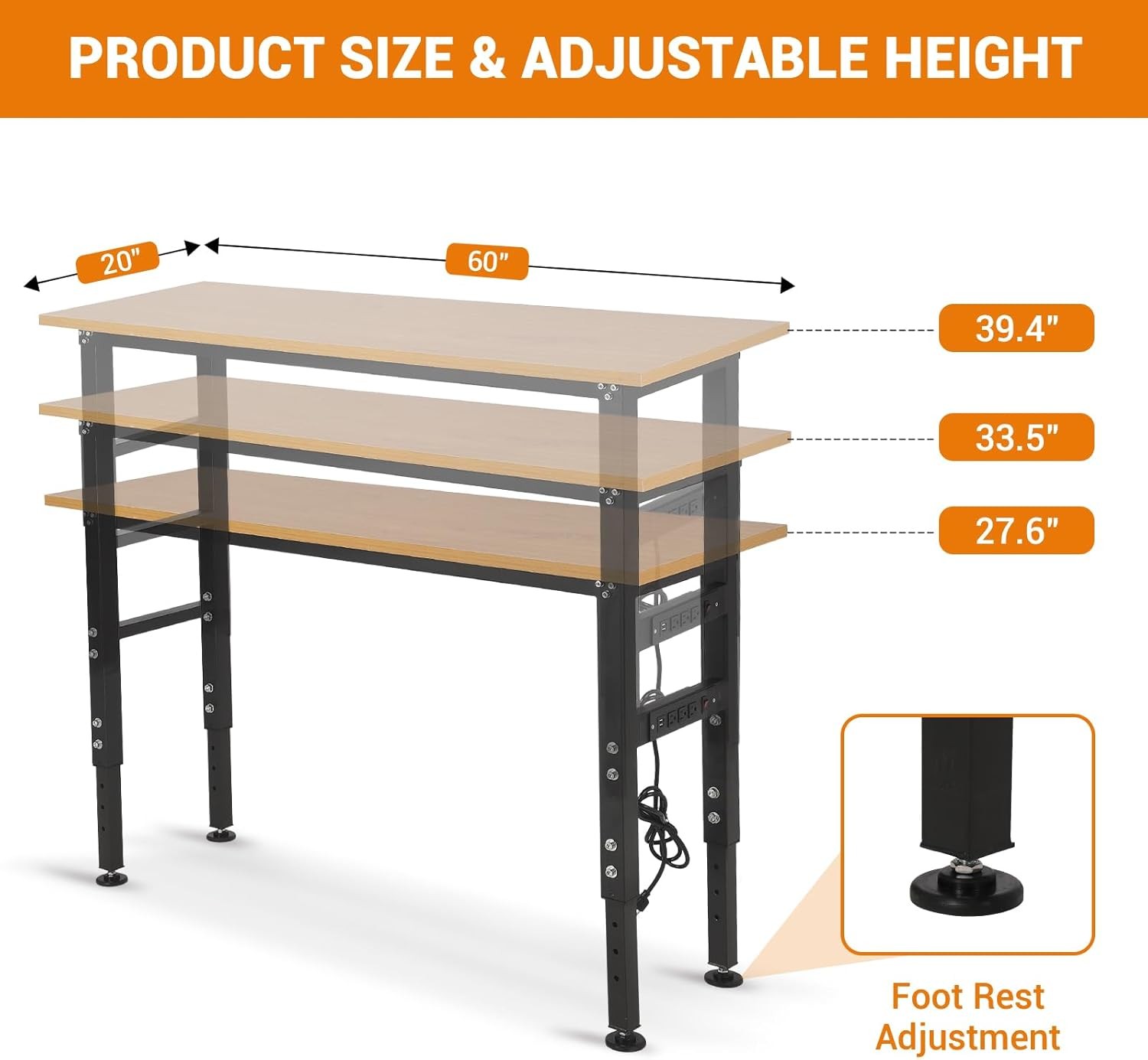 Adjustable Height Workbench with Power Outlet 2500 Lbs Capacity Heavy Duty Table
