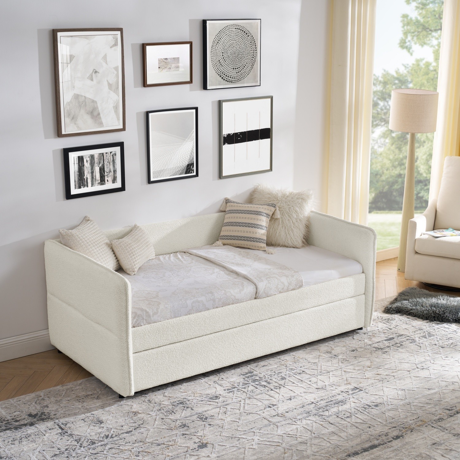 Twin/Full Daybed Modern Boucle Upholstered Sofa Bed with Pull-Out Trundle Beige