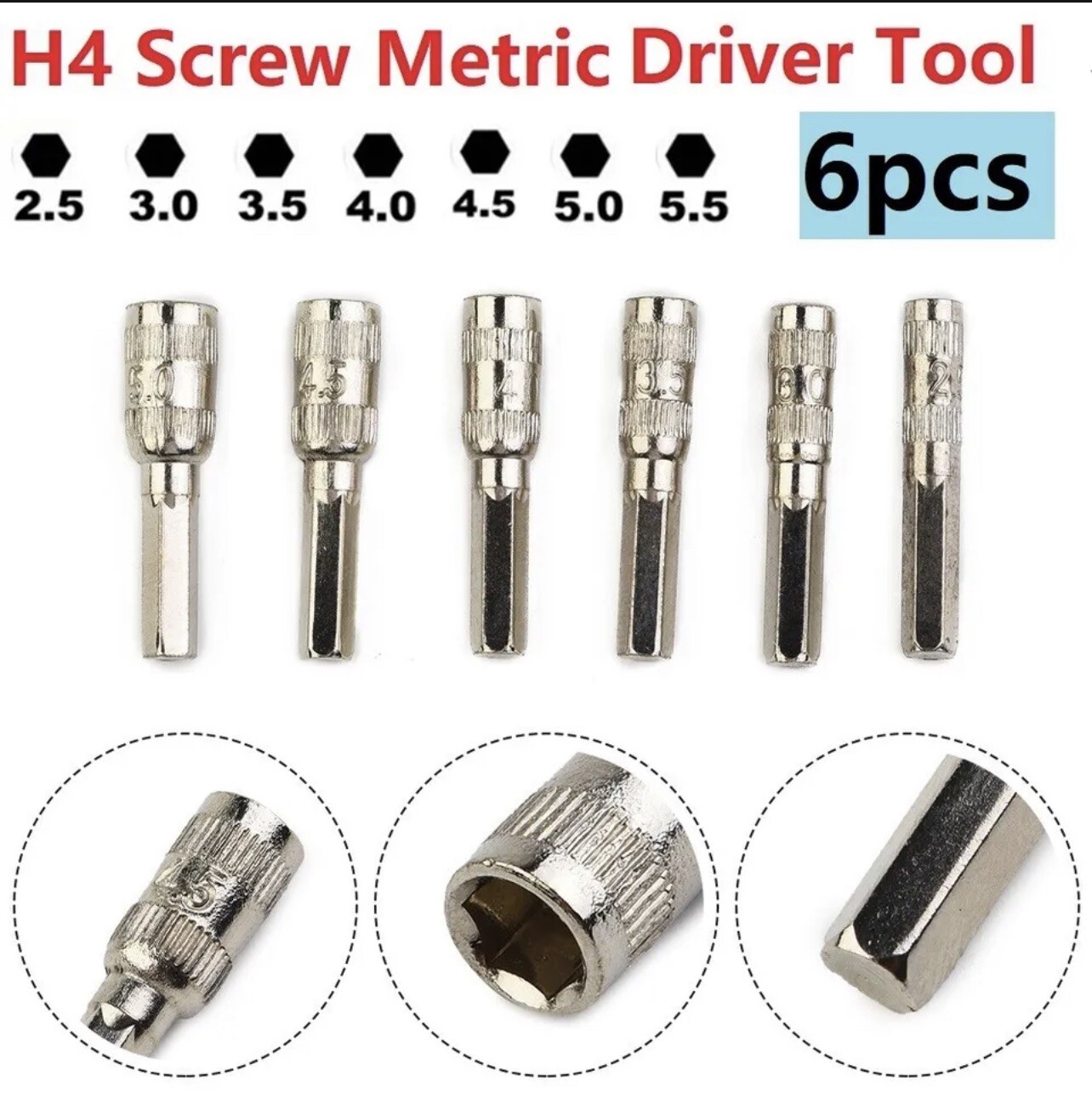 M2.5 M3 M3.5 M4.0 M4.5 M5 Hex 4mm Socket Nut Driver Adapter Drill Bit 6 in 1 Set