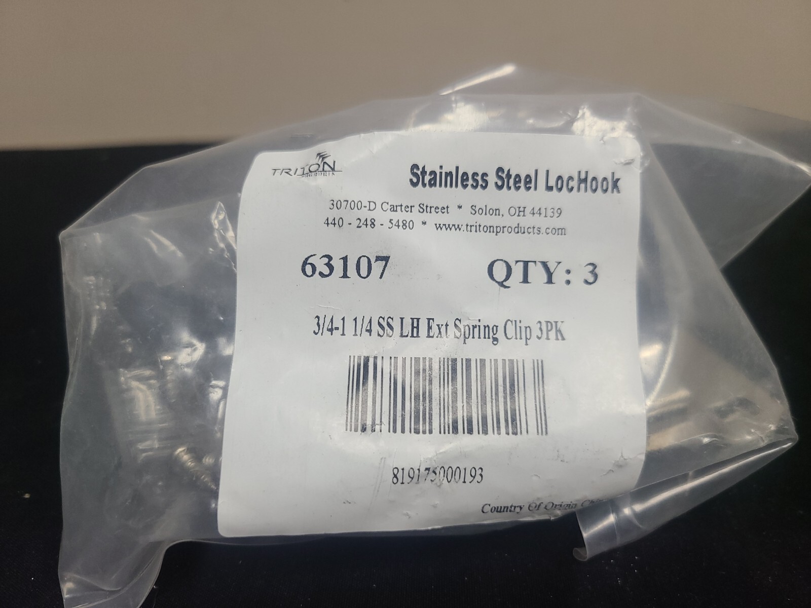 3 Pack Triton LocHook 3/4" to 1-1/4" Stainless Steel Extended Spring Clip 63107