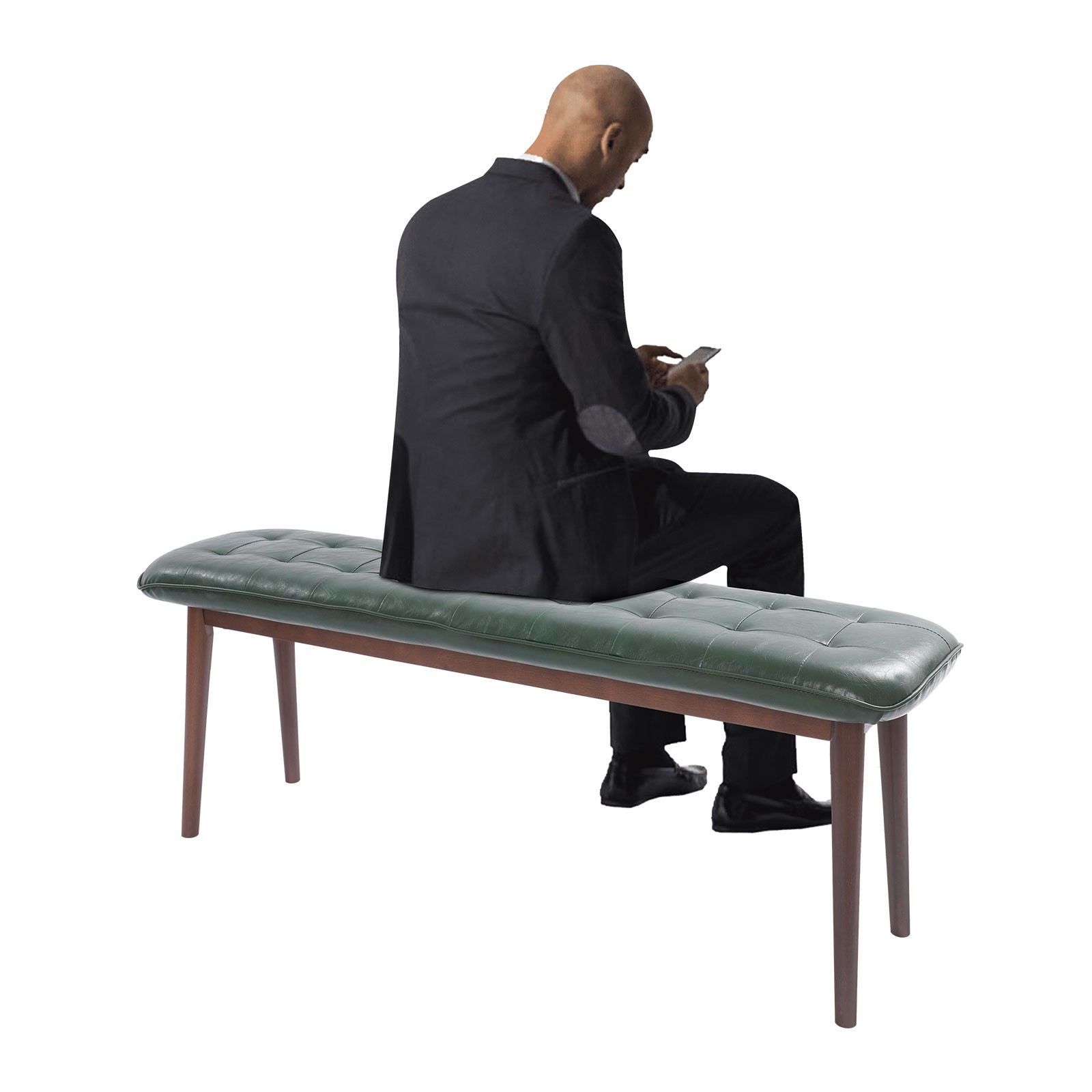 Dark Green Walnut Solid Wood Bench Modern PU Sponge Cushioned Rubber Wood Bench