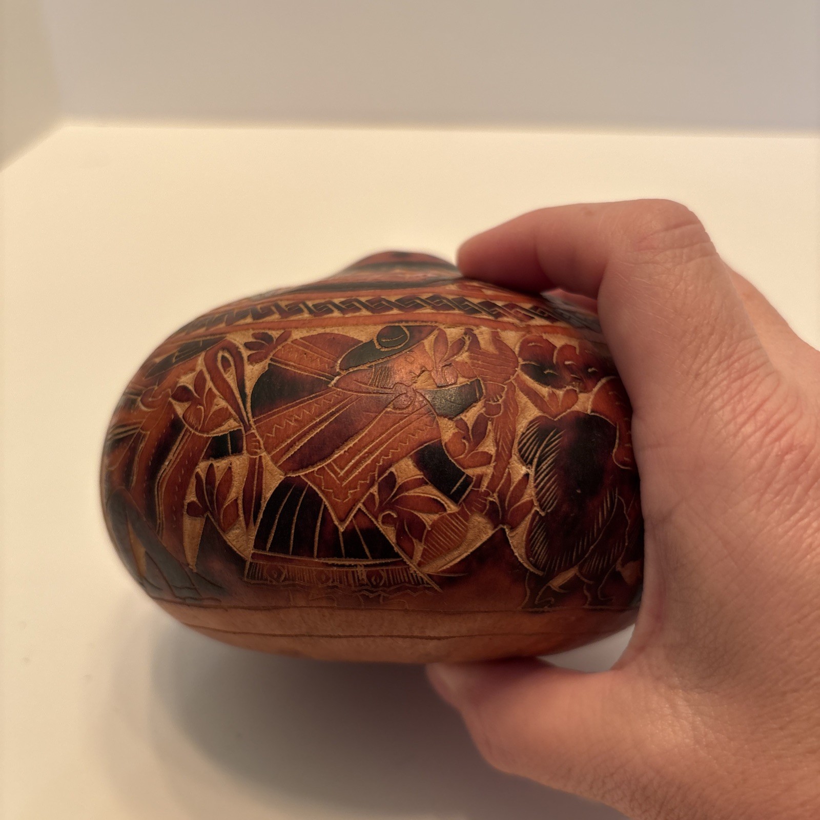 Vintage Peruvian Hand Carved Gourd Story Scene Peru Folk Art Village Life Lama