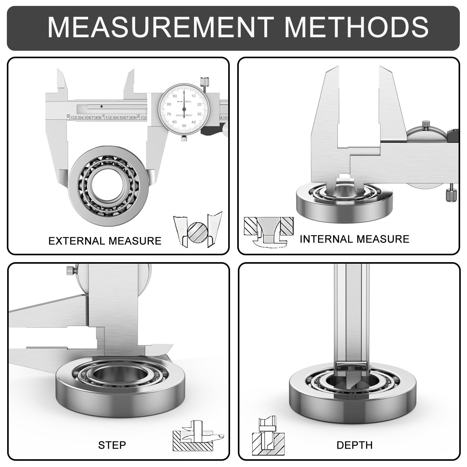 Shockproof Dial Caliper, 0-6 Range, 0.001 Resolution, 4-Way Measurement