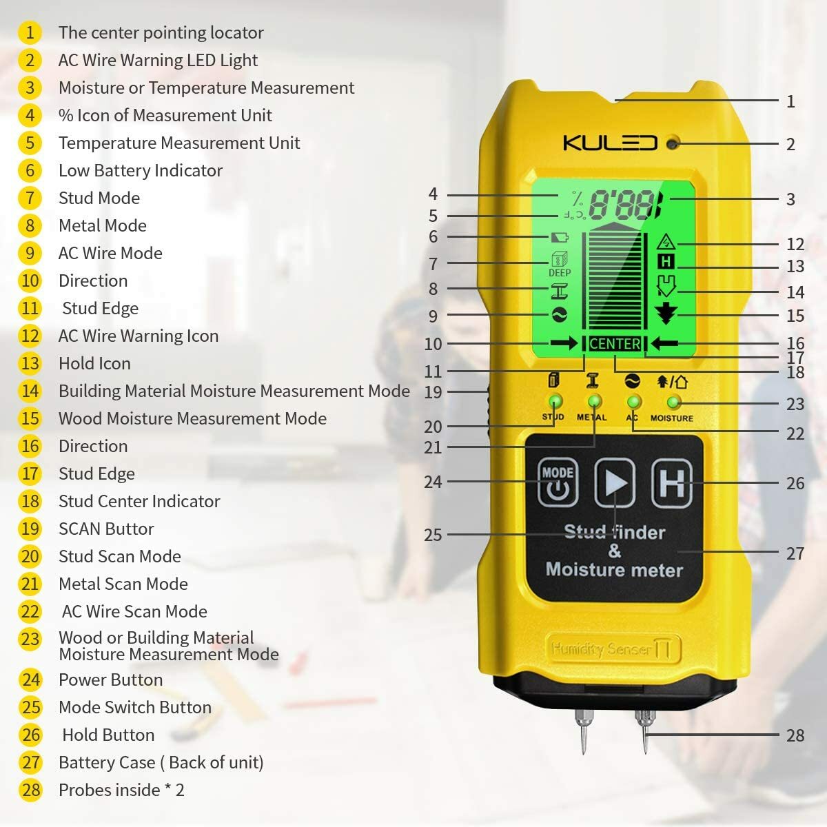 Stud Finder, 7 In 1 Multi-Function Wall Stud Sensor Detector LCD Moisture Meter