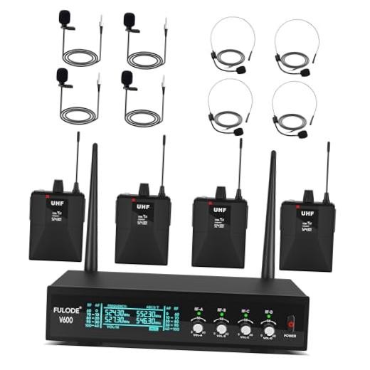 Lapel Microphones 4 Channel UHF Wireless Microphone System with 4 Lavalier 4