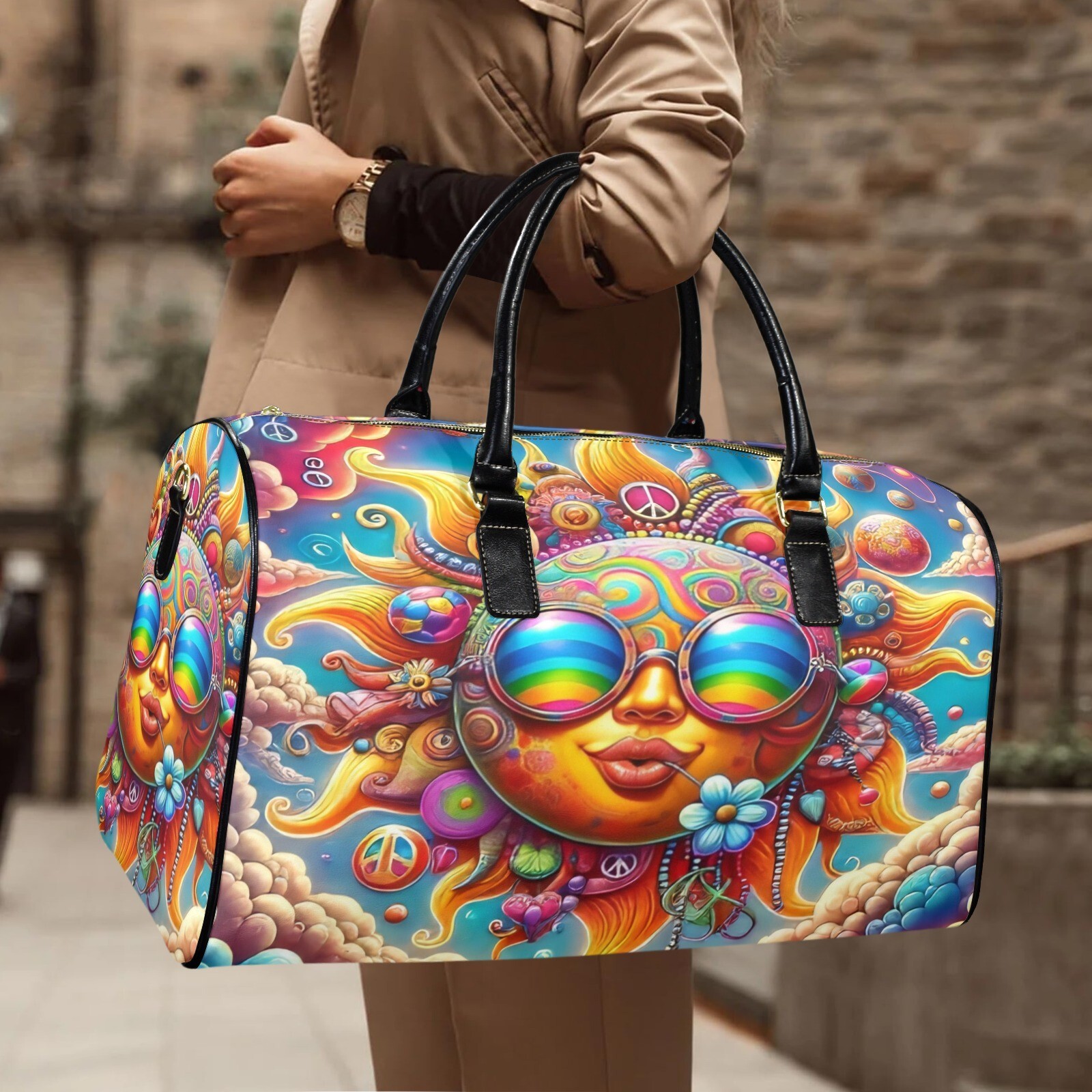 large leather travel bag. Peace flower power