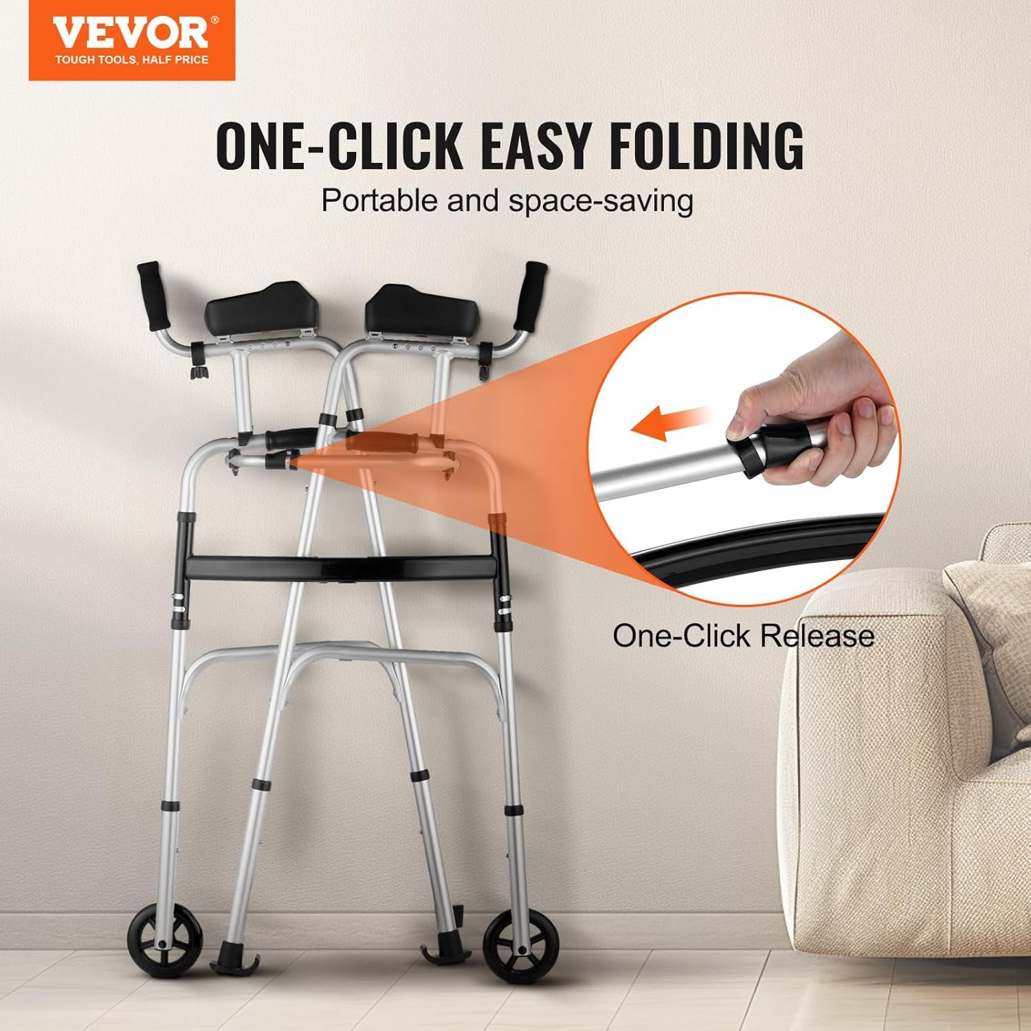 2 in 1 Folding Walker & Removable Armrests, Height Adjustable Foldable Wal
