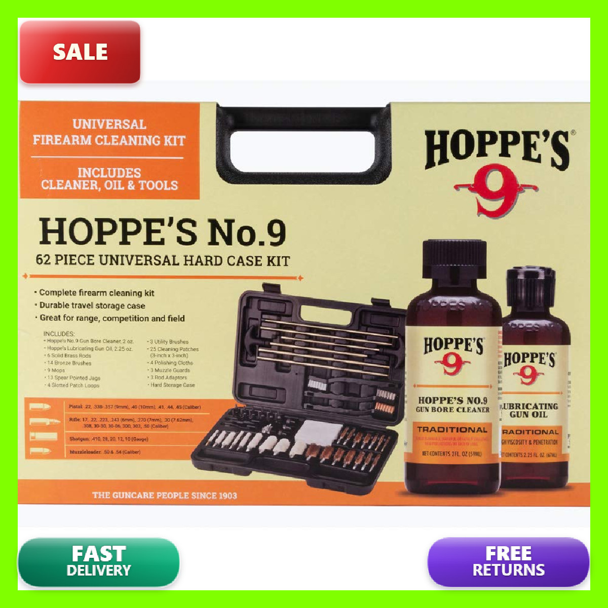 Hoppe'S Hoppes Deluxe Gun Cleaning Kit - 62 Piece Universal Cleaning Kit For