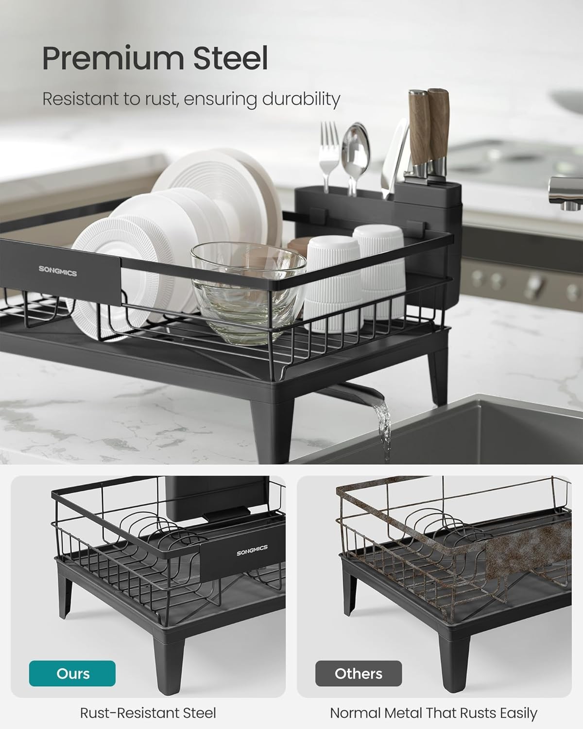 Dish Drying Rack, Kitchen Dish Rack with Drainboard, 360° Rotatable