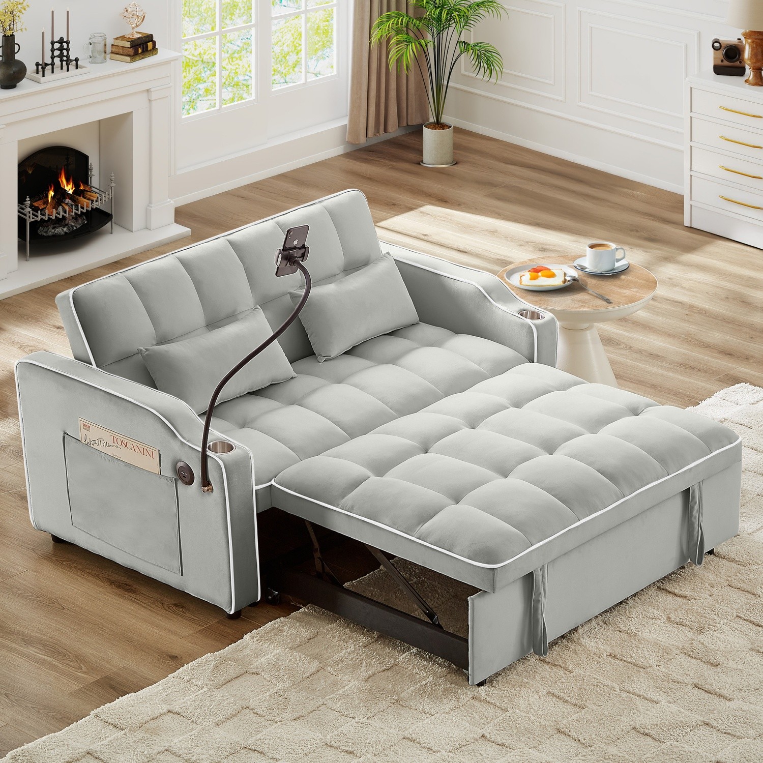 Convertible Velvet Sleeper Sofa Bed Loveseat Sofa with Pull-Out Bed & USB Ports