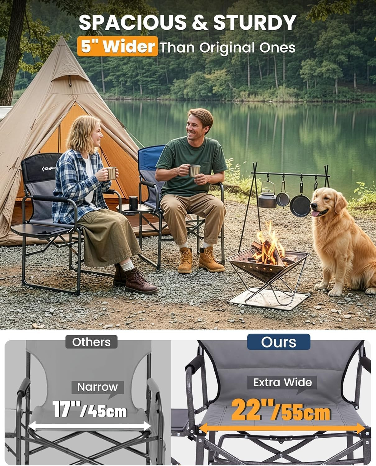 Oversized Camping Directors Chair with Side Table, Compact Design Heavy Duty 440