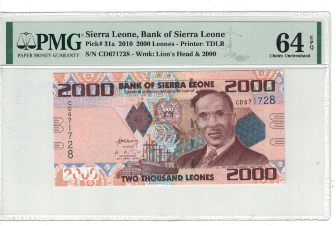Sierra Leone 2000 Leones 2010 Pick# 31a PMG: 64 EPQ UNC. #PL2577