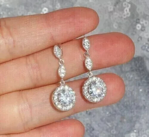 3 Ct Round Cut Lab Created Diamond Drop Dangle Earrings 14K White Gold Plated