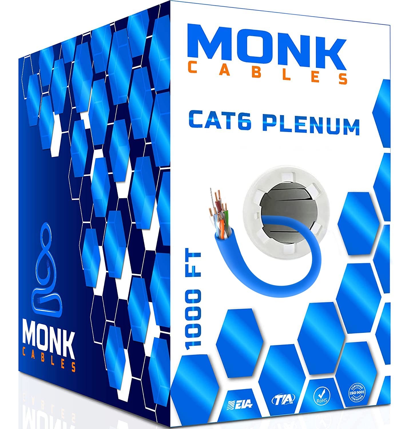 MONK CABLES | CAT6 Plenum Cable 1000ft | UTP, 23AWG, 550MHz | 1000 feet, Blue
