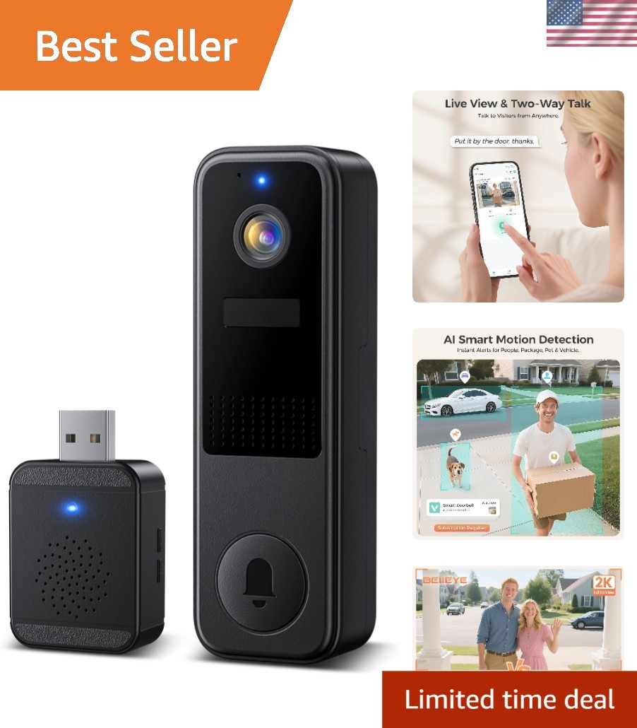Battery-Powered 2K Doorbell Camera with Night Vision & Real-Time Notifications