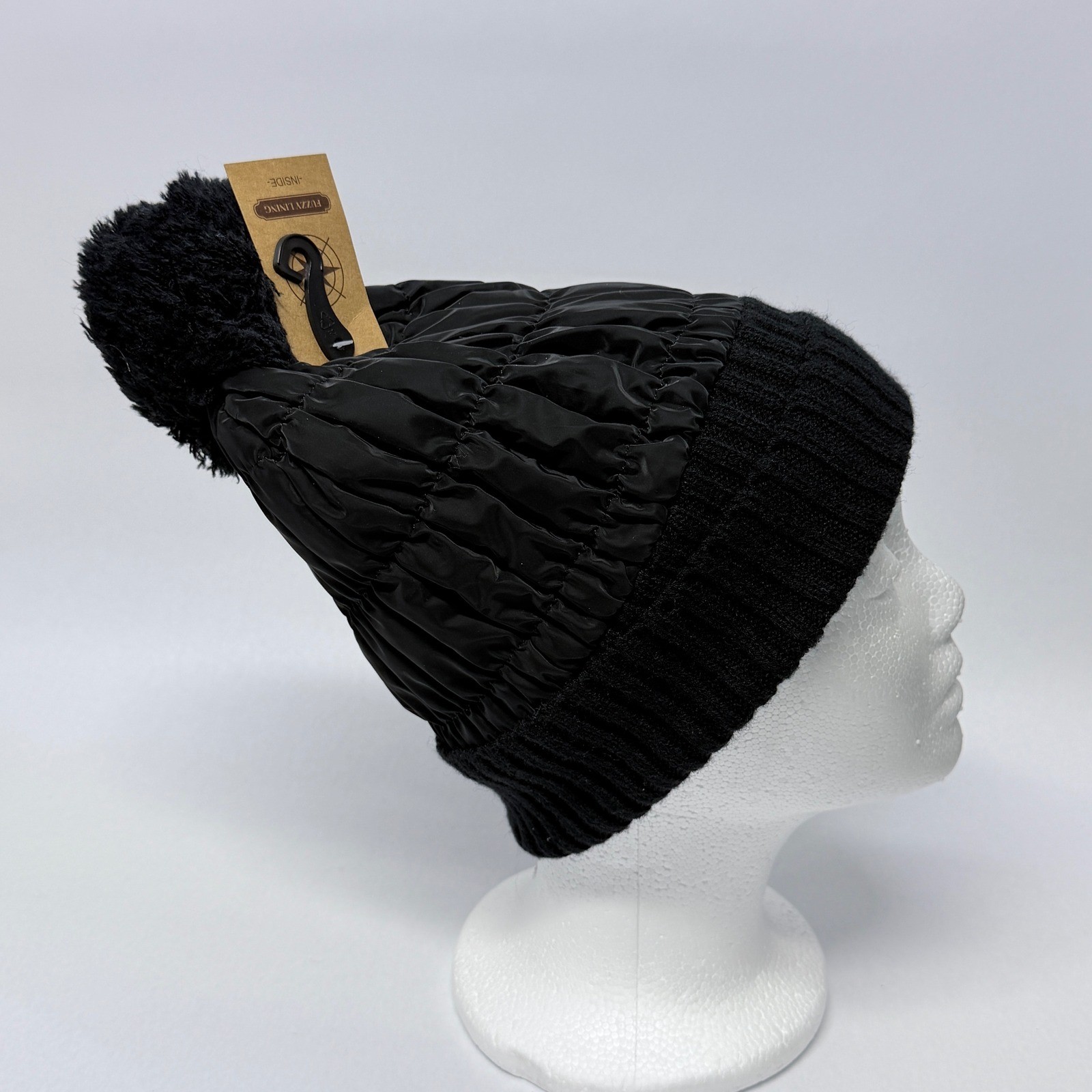 Fanes Paul Youth Beanie Black Quilted Puffer Knit Pom-Pom Hat Fuzzy Lined NEW