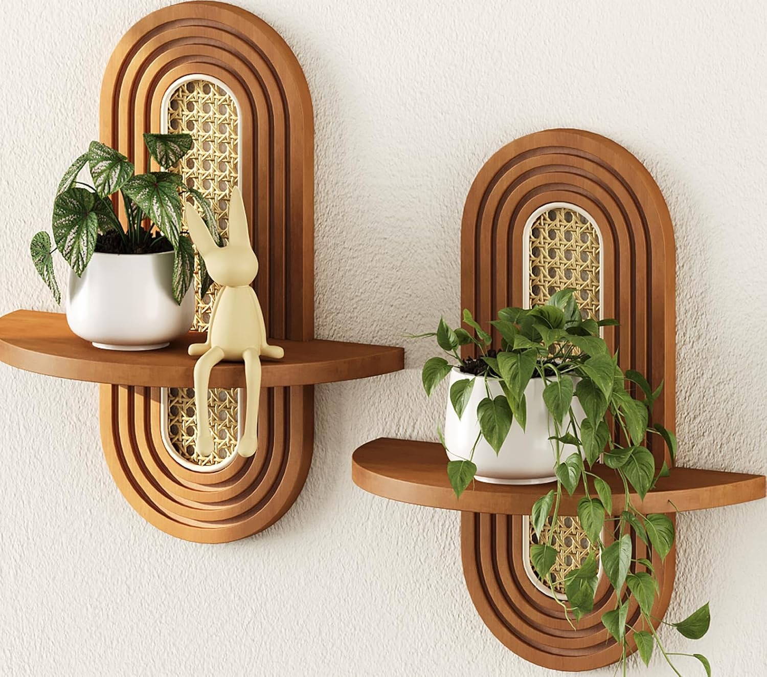 Floating Shelves Wall Boho Home Wall Decor,Rattan Plant Shelf Set of 2