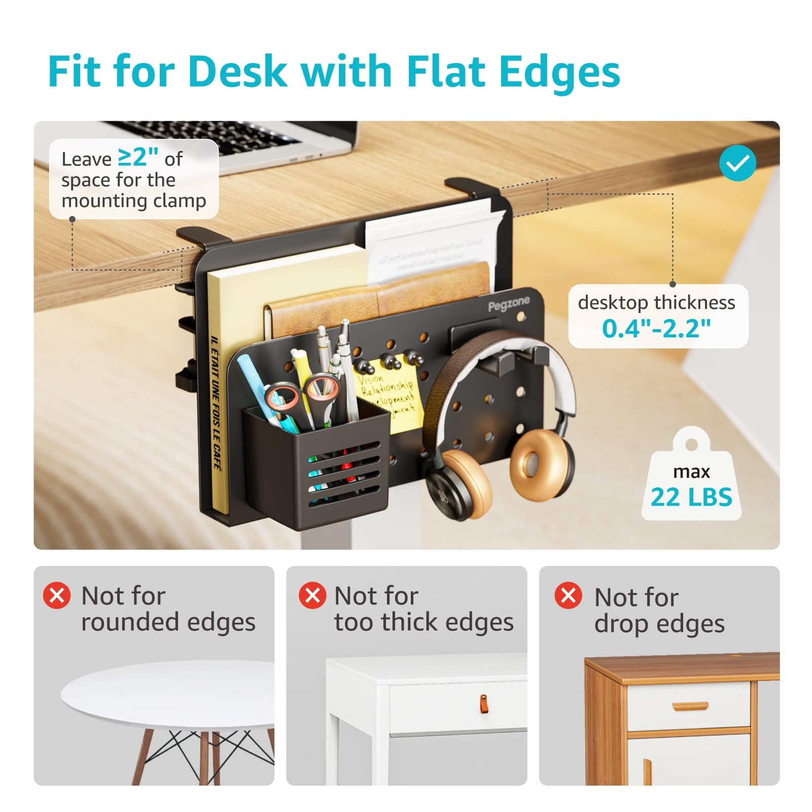 PEGZONE Desk Side Storage Organizer, No Drill 1.8 x 12 x 8.5 inches, Black