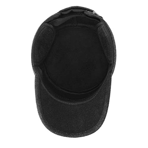 Men's Winter Baseball Cap with Ear Flaps Adjustable Cabbie Hat Wool Flat Black