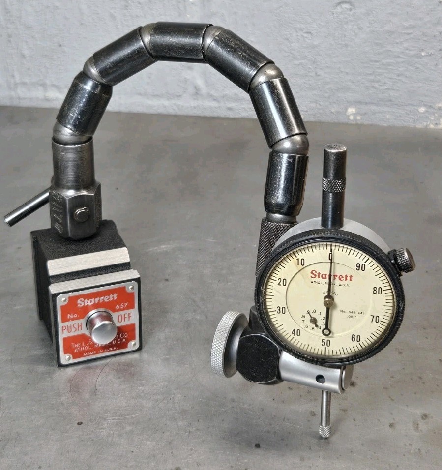 Starrett No. 657T magnetic base + Flex-O-Post + 644-441  1" dial indicator - 657