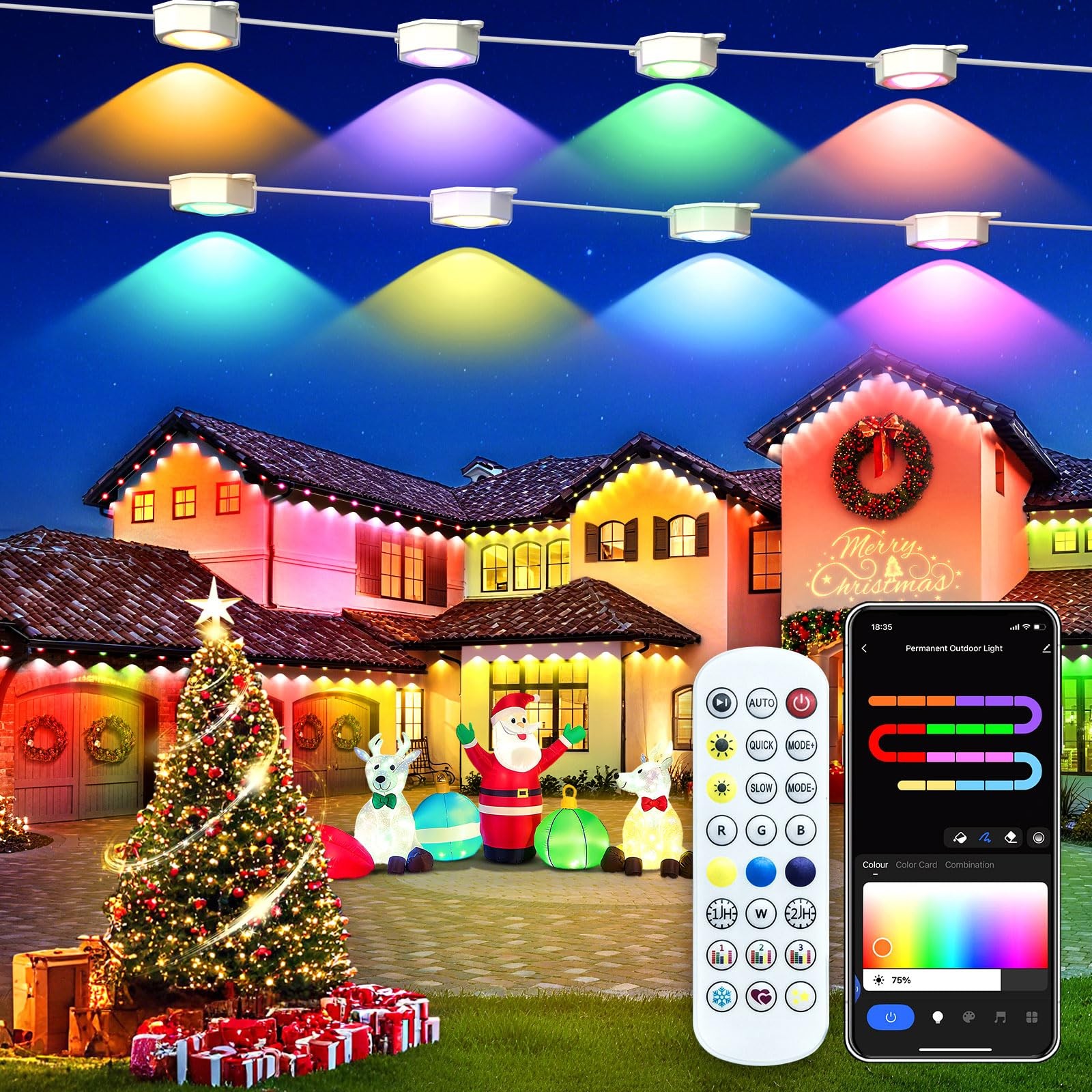 Smart Permanent Outdoor Lights for House, 100ft with 60 RGB 100ft, White