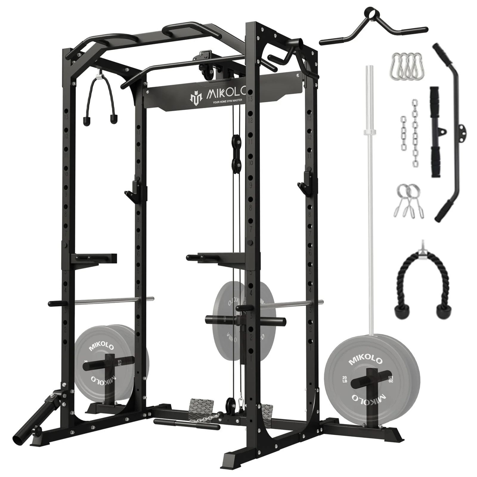 LAT Pulldown System Multi-Functional Squat Rack Exercise Power Cages Metal Black