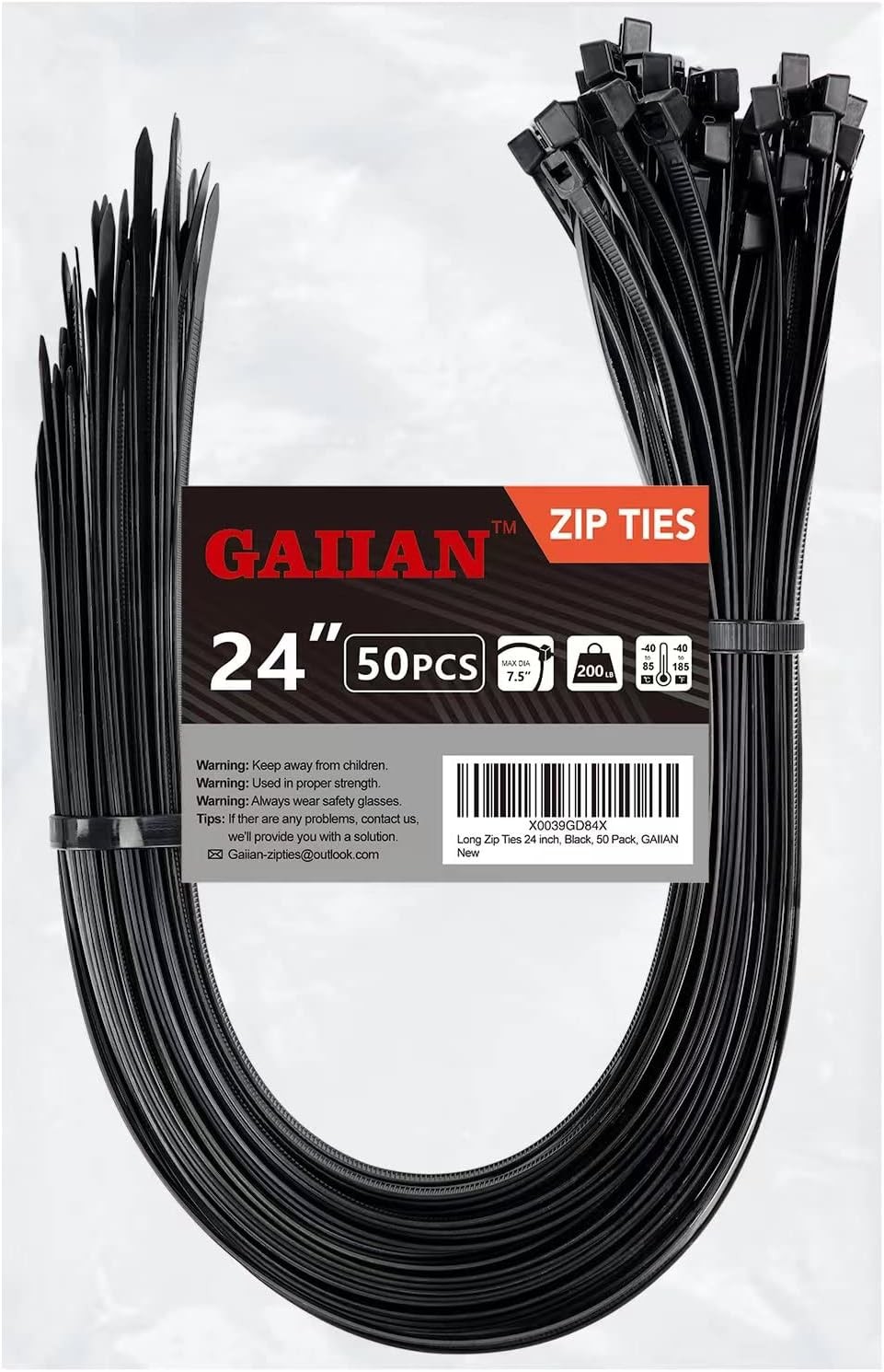 Long Zip Ties Heavy Duty 24 inch, Large 24 200 lb (50 Pack), Black