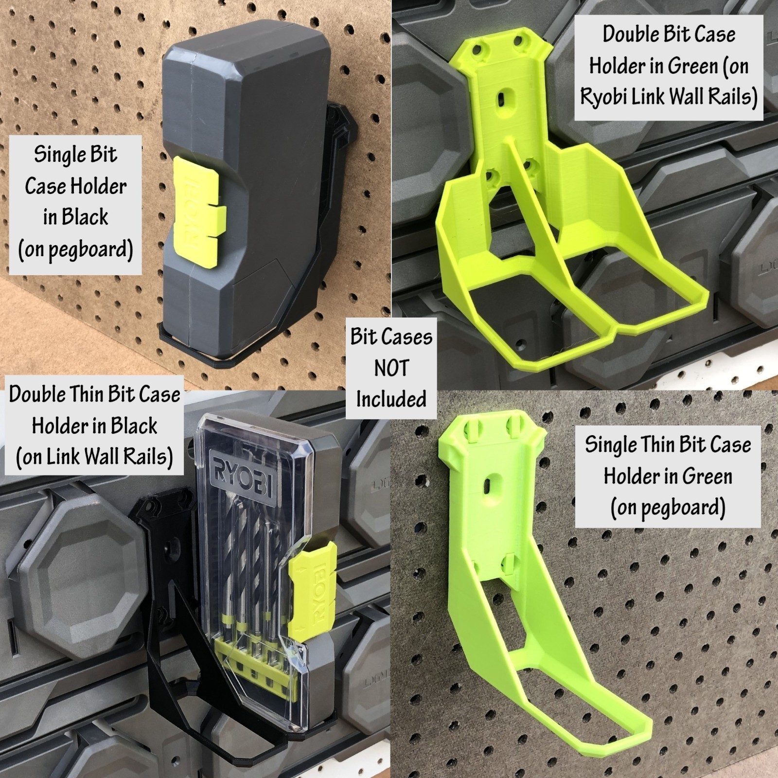 Holder for Ryobi Bits Case on Wall, Pegboard, or Ryobi Link Wall Rails