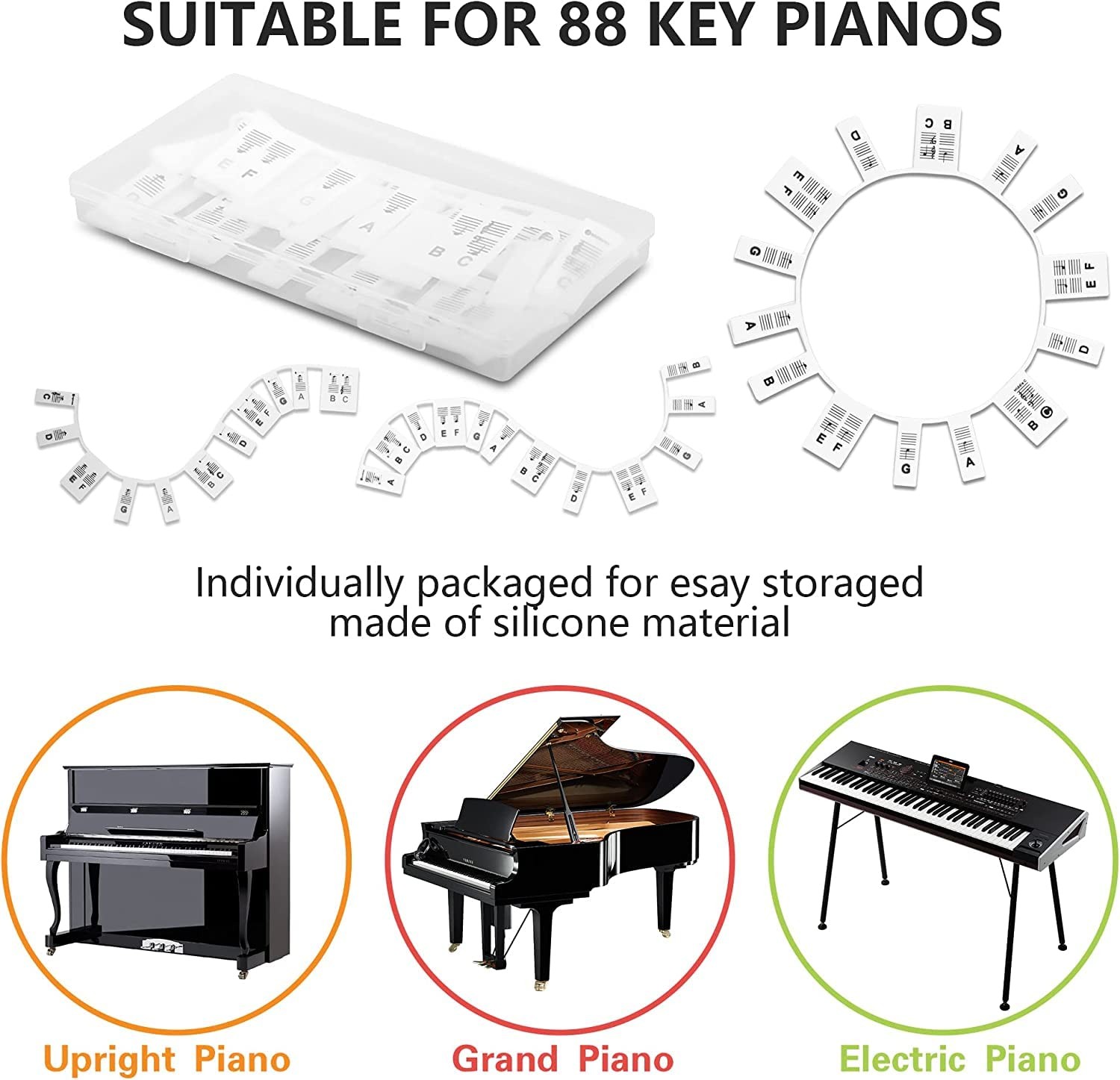 Piano Notes Guide for Beginners Removable 88/61 Key Silicone Keyboard Strips |