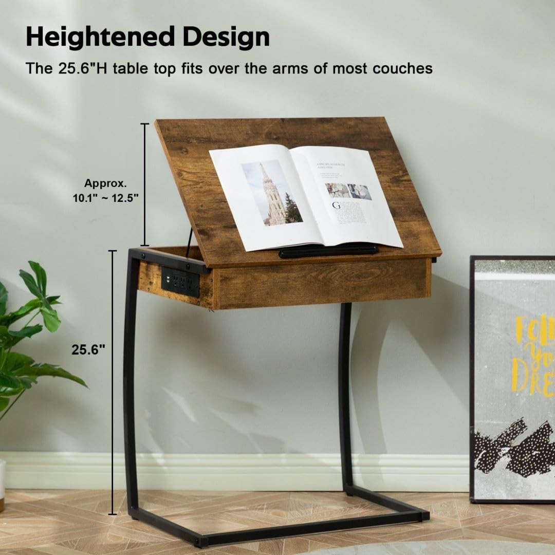 Hadulcet C Shaped End Table with Charging Station, 25.6", Rustic Brown