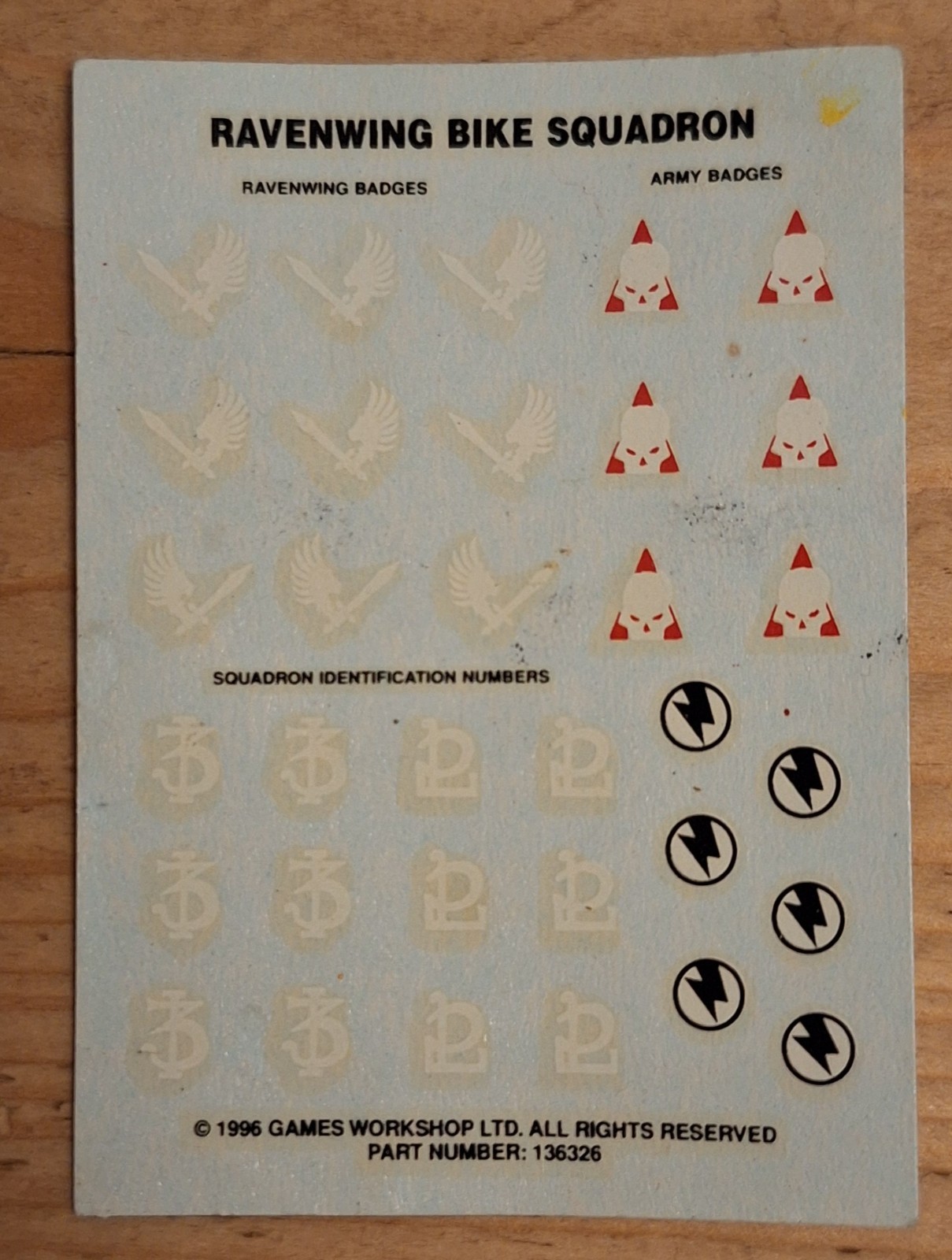 Ravenwing Bike Squadron Transfer Decal Sheet 1996 Games Workshop Warhammer 40k