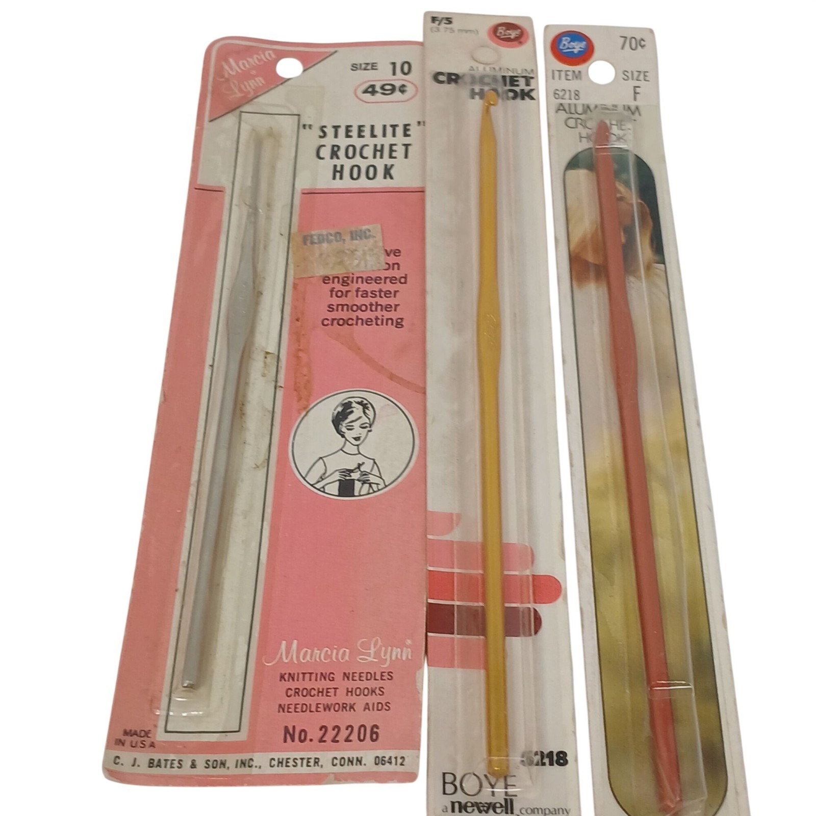 3 VTG Crochet Hooks Marcia Lynn Size 10 & 2 Boye Aluminum Sizes F Sealed #D-10