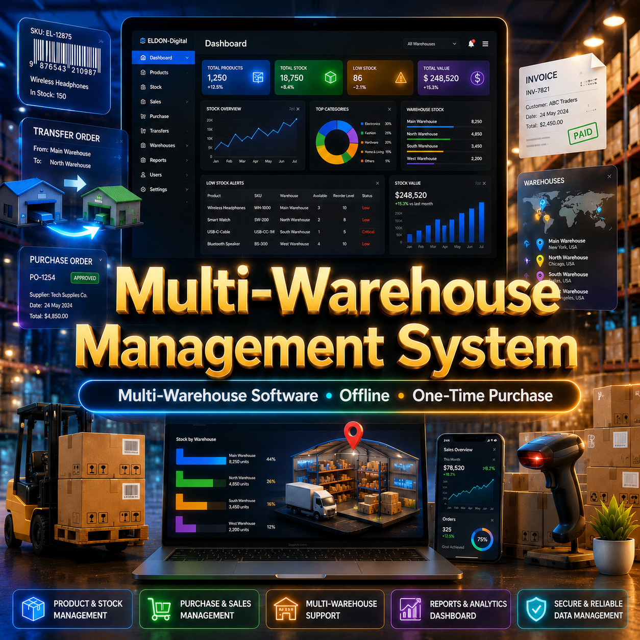 Multi Warehouse Inventory Management Software USB Stick With Barcode Generator