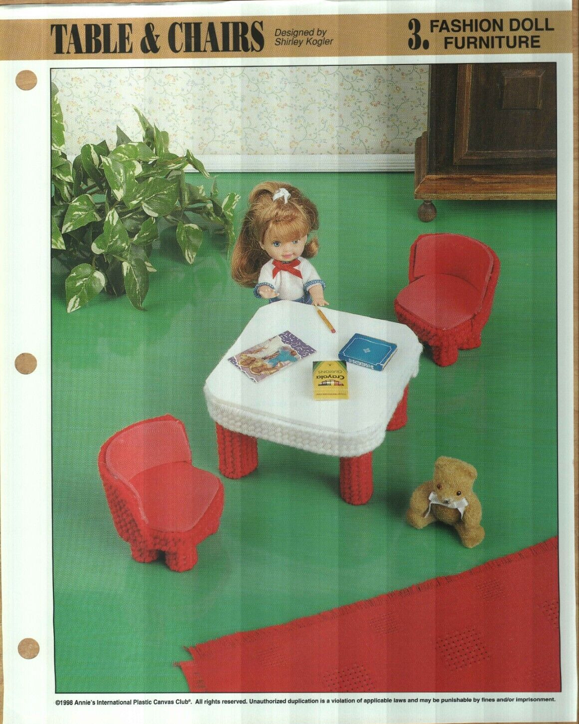 NEW TABLE & CHAIRS FASHION DOLL ANNIE'S PLASTIC CANVAS PATTERN INSTRUCTIONS