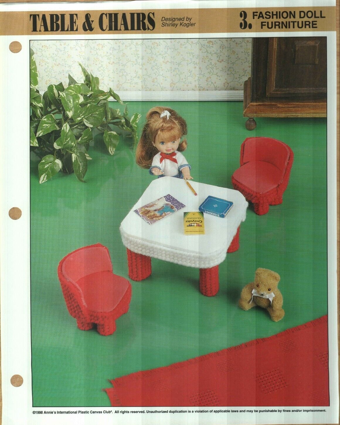 NEW TABLE & CHAIRS FASHION DOLL ANNIE'S PLASTIC CANVAS PATTERN INSTRUCTIONS