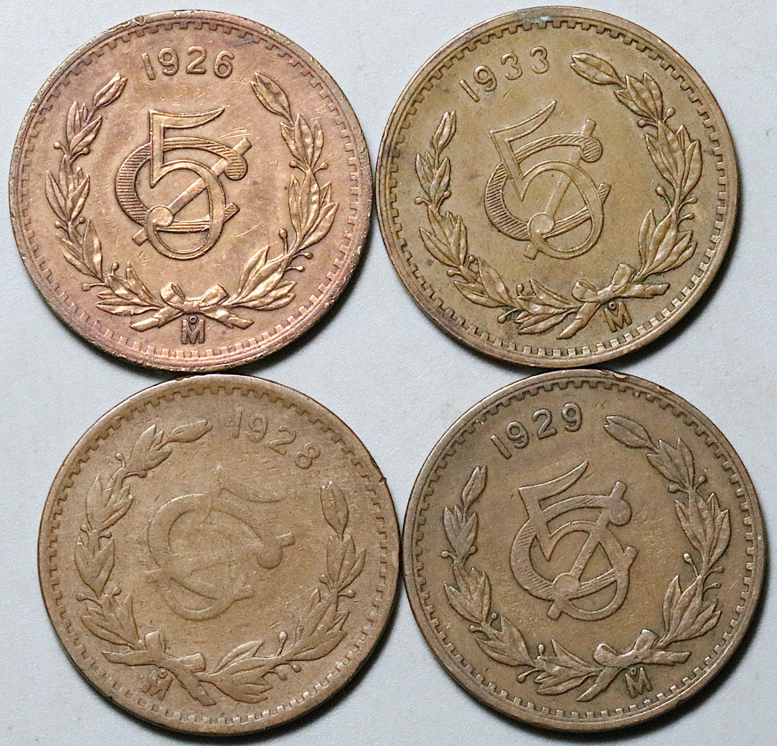 1926 1928 1929 1933 Mexico 5 Centavos 4 Pcs Bronze Coin (26062805R)