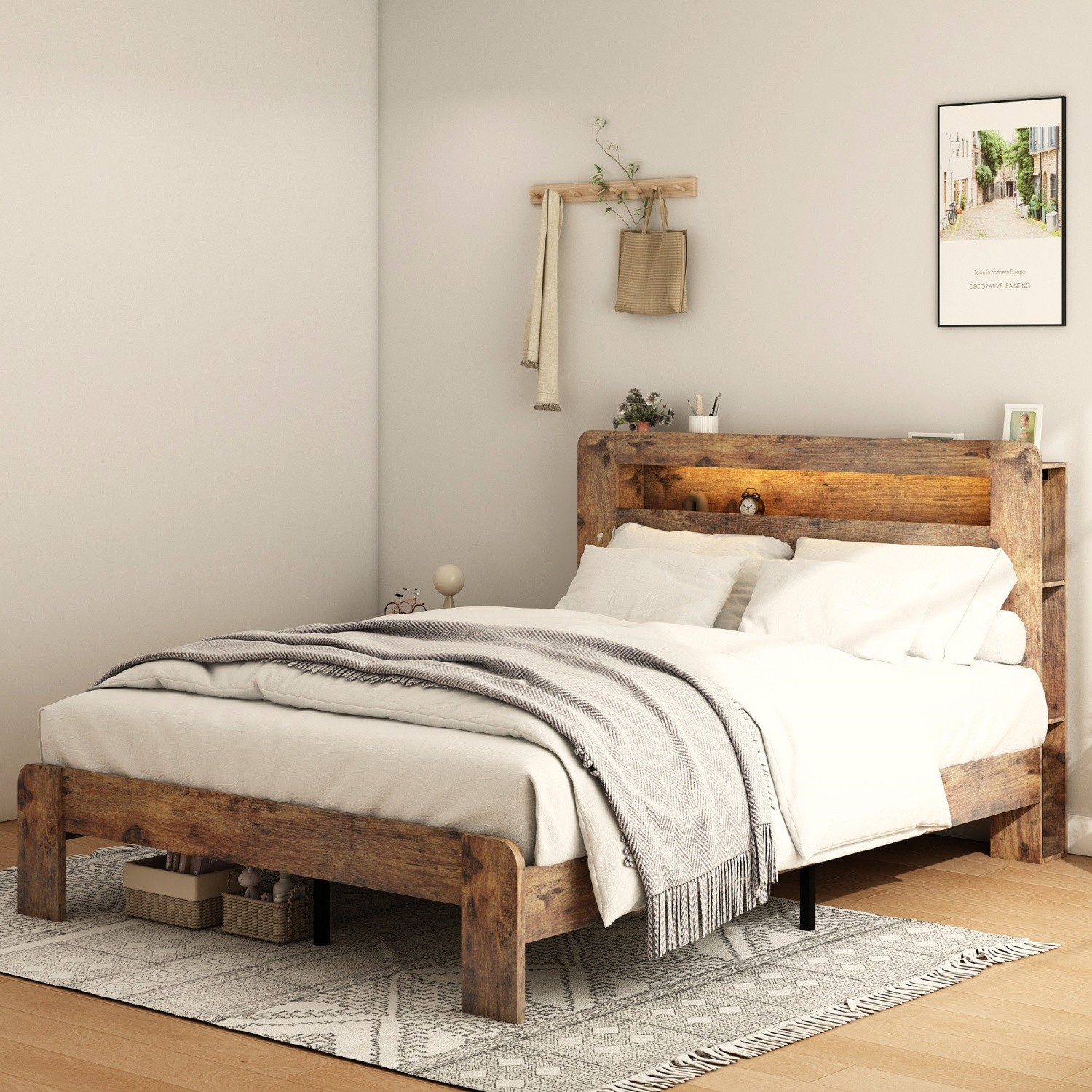 Queen/King Size Platform Bed Frame with LED Headboard & USB Ports & Storage