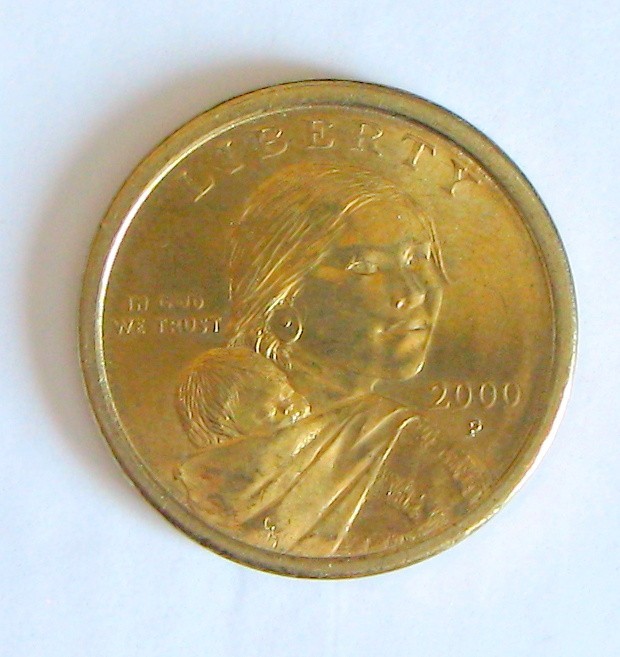 2000 P Sacagawea One Dollar Coin, Gold Colored, Almost Uncirculated, Not Rare