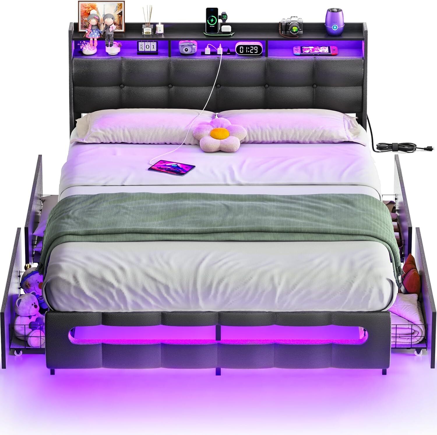 Homieasy Bed Frame with 4 Drawers ＆ Upholstered Headboard ＆ LED Lights ＆ Outlets