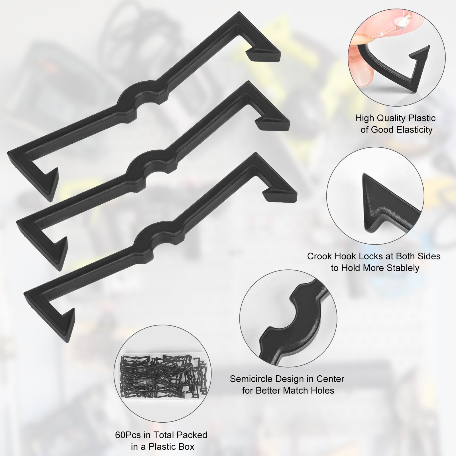 AccEncyc Black Peg Locks Plastic Pegboard Hook 60 Pcs,