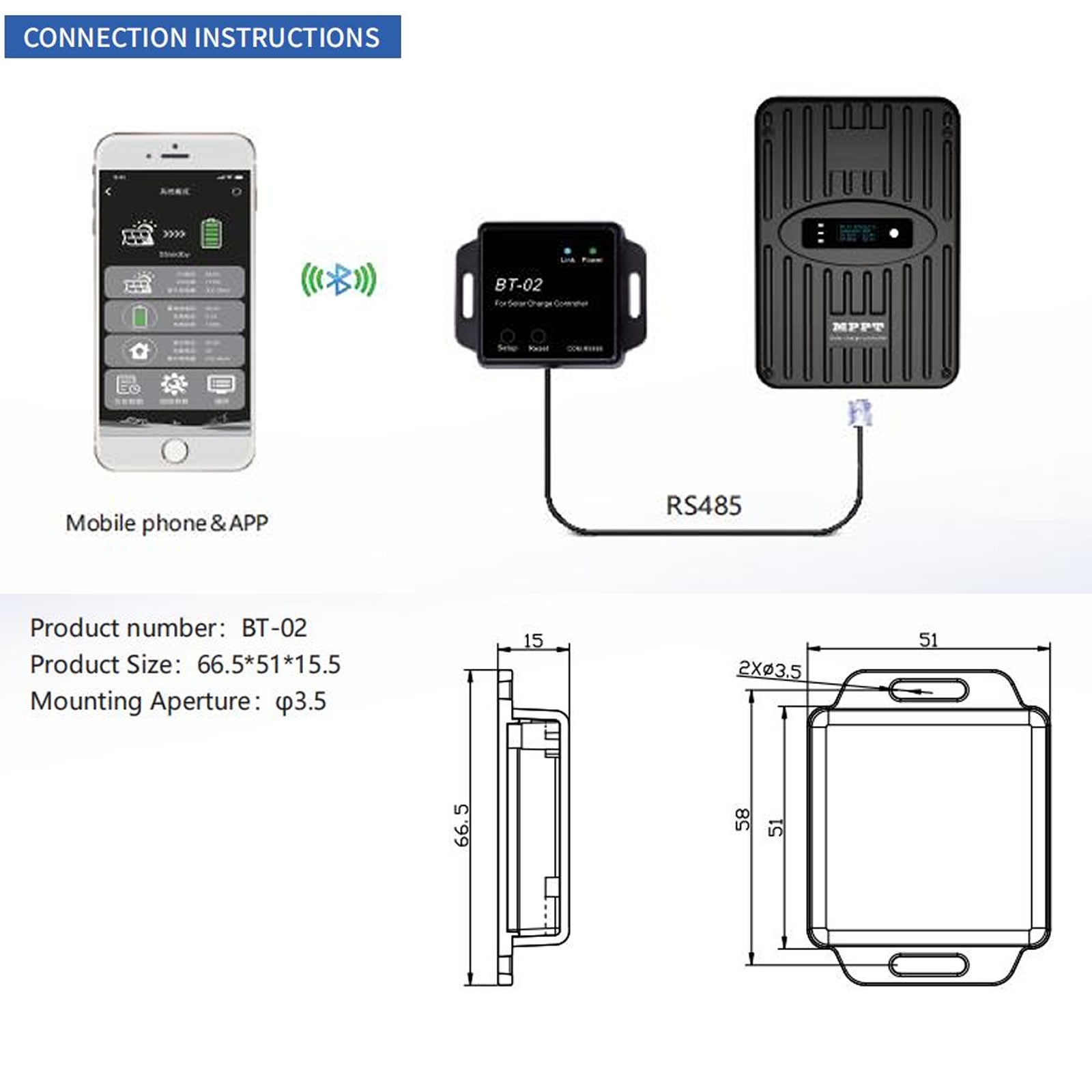 BT-02 Bluetooth Monitor Module For Solar Controller Bluetooth Adapter Wirelessly