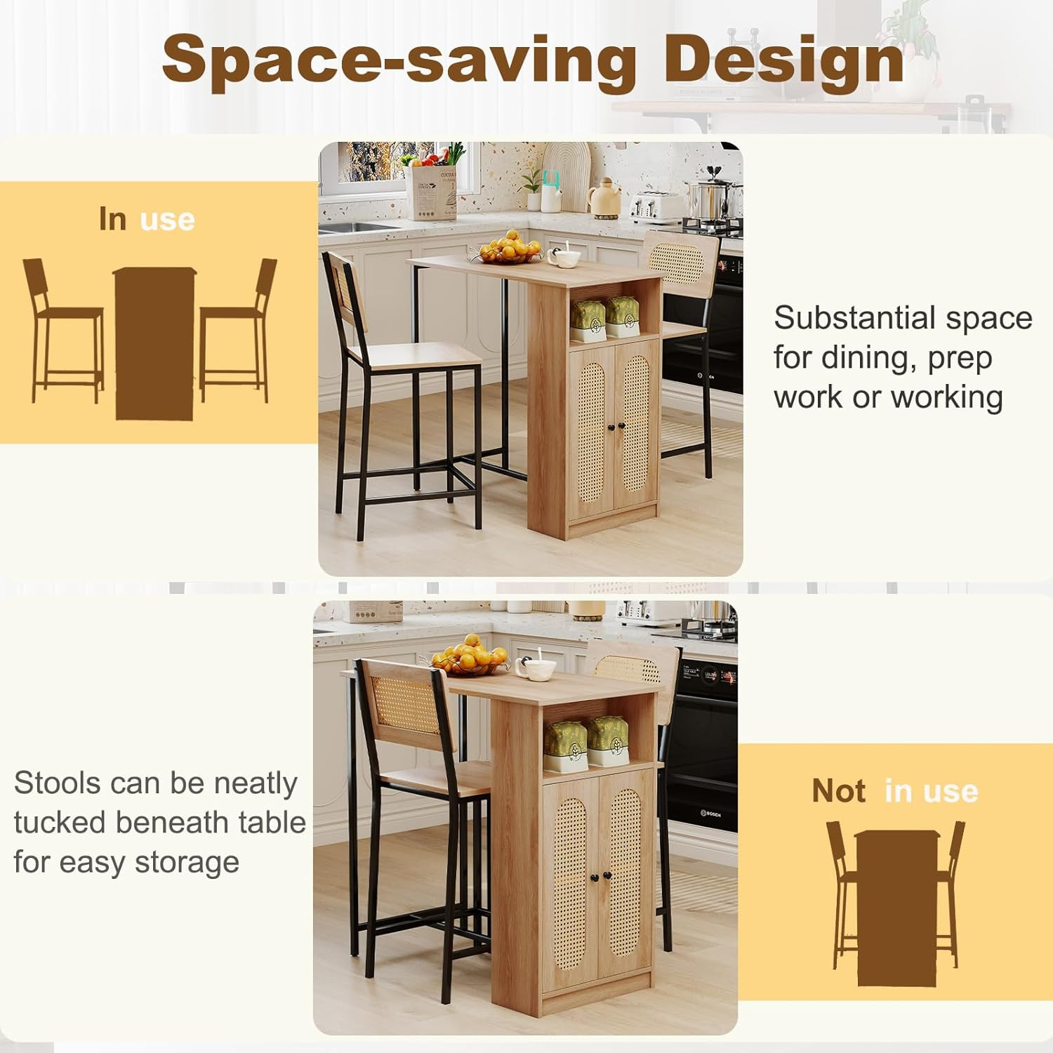 Boho 3-Pc High Top Table & Stools Set with Storage, Metal Frame, Counter Height
