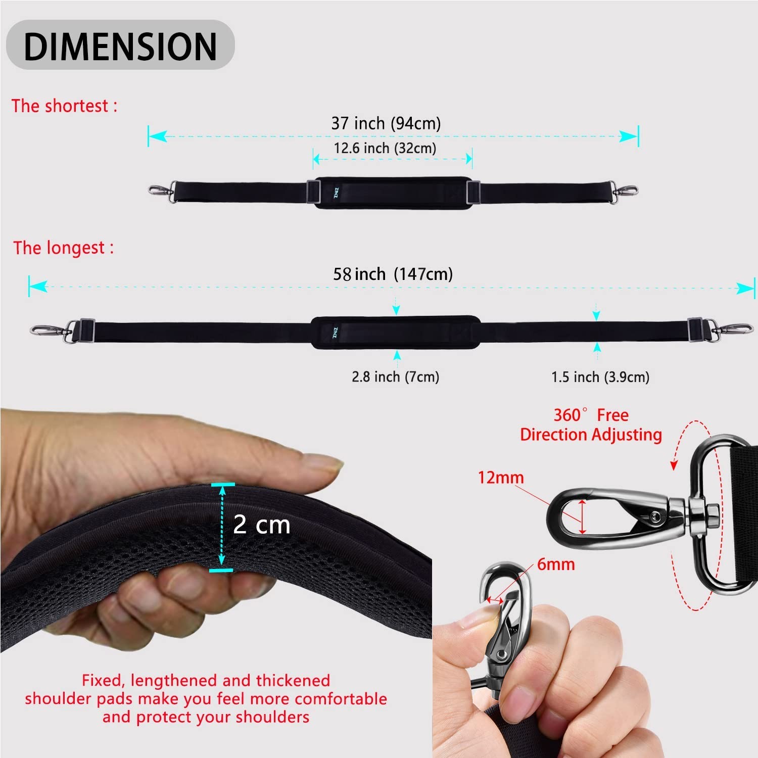 ZINZ Shoulder Strap 58" Ultra-Thick Fixed Padded and Adjustable Buckles Cross...