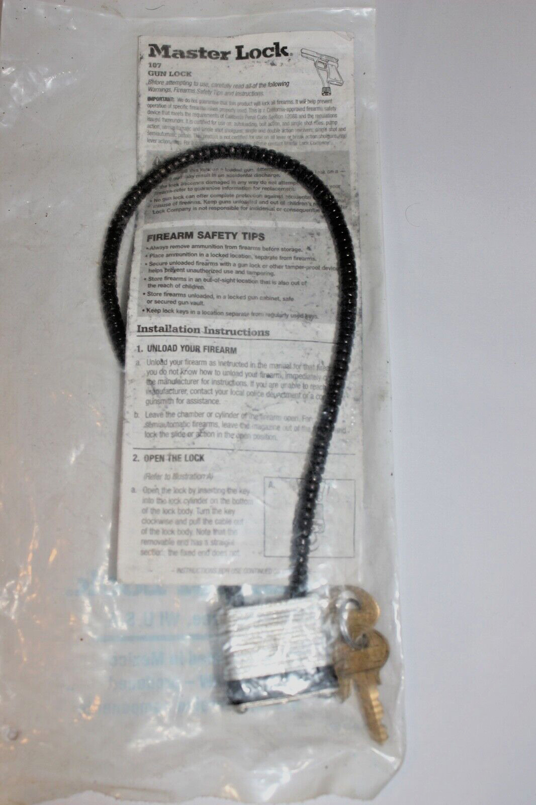 NEW Master Lock Gun Lock 107 With 2 Keys Steel Gunlock and Coated Cable Black
