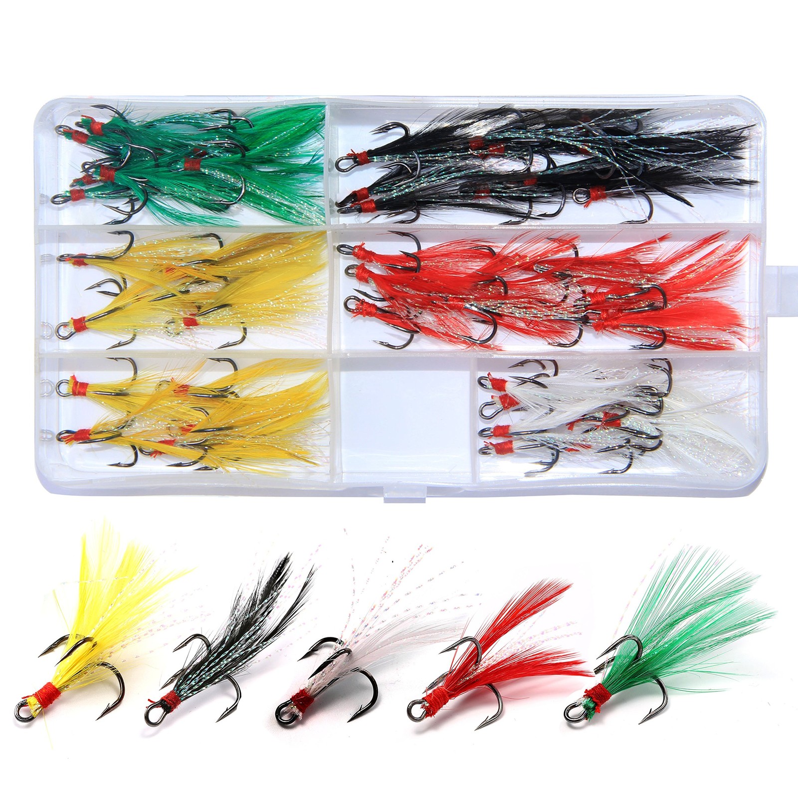 Fishing Round Bend Treble Hooks Black Nickel with 6, Yellow,White,Green
